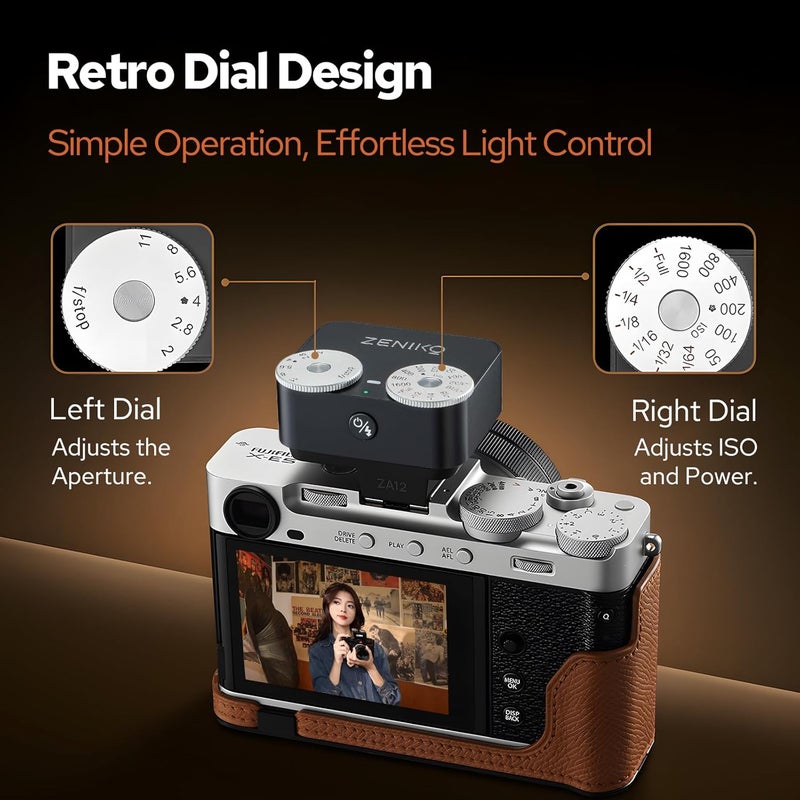 ZENIKO ZA-12B Dual Dial Retro Mini Flash - 2.5s Recycle, 7-Level Power, 400 Shots Single-Contact hotshoe Camera Flash for Fujifilm XM5/XT3, Sony A7M3, Ricoh GR3/4 Camera(Black) - Image 3